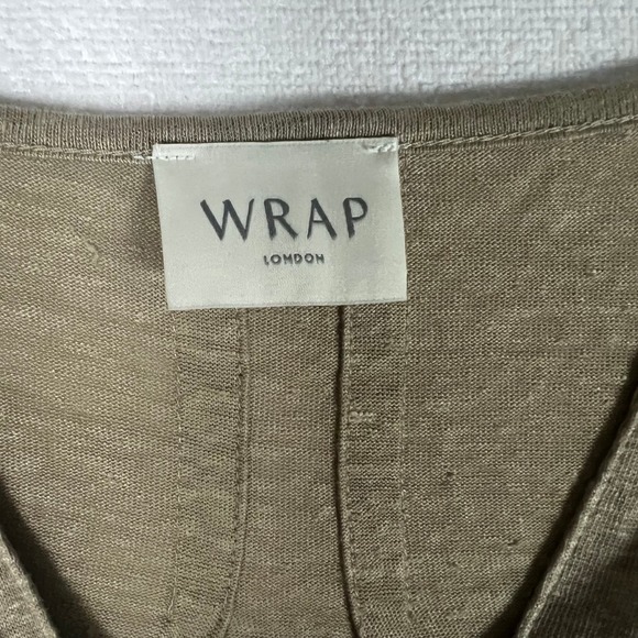WRAP London Linen Tunic US 10 V-Neck 3/4 Sleeve Roll Tab Side Split Olive Sage - Picture 9 of 16